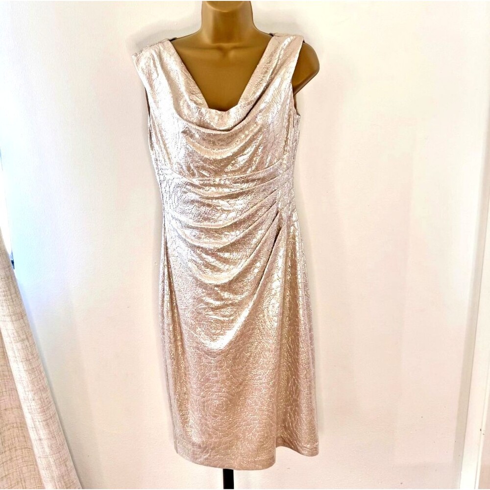 Lauren Ralph Lauren Gold Shirred Sheath Cocktail Dress Sz 6 Slimming Sleeveless